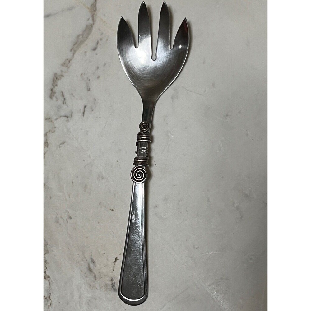 Serving Fork Stainless Steel Flatware Utensil 4 Prong Scroll Wrap Metal Rustic